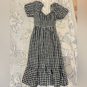 J. Crew black and white gingham smocked midi dress